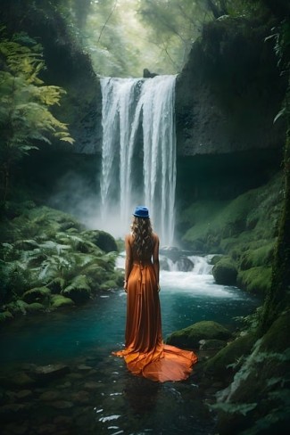 fata intr-o rochie lunga care sta in fata unei cascade in natura