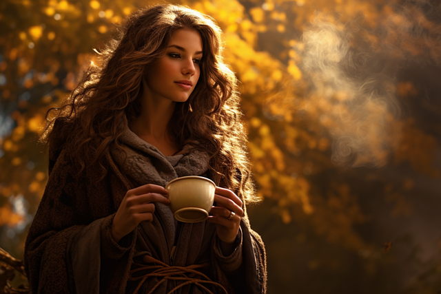 femeie cu par lung si cret imbracata in roba care bea cafea intr-o padure