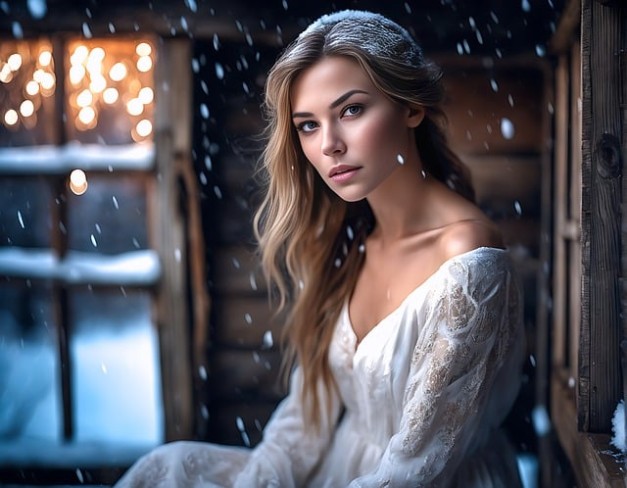 femeie frumoasa si bruneta imbracata intr-o rochie alba care sta in ninsoare