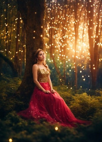 fata frumoasa imbracata in rosu care sta rezemata de un copac intr-un asfintit auriu