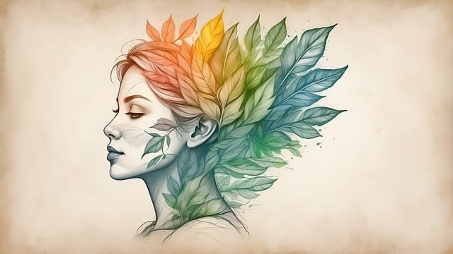 chip de femeie pe un fundal gri care are frunze verzi in jurul capului