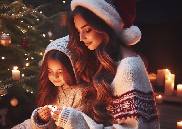mama si fata care stau in jurul bradului de Craciun