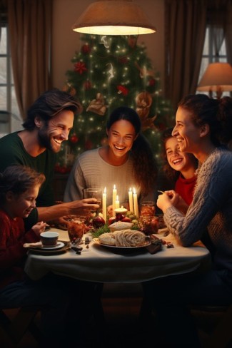 familie frumoasa care este stransa la masa de craciun cu mancare si lumanari in jurul bradului