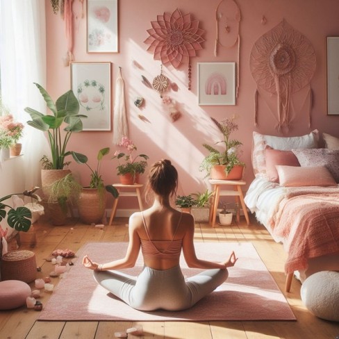 fata care face yoga intr-o camera cu peretii roz si multe plante