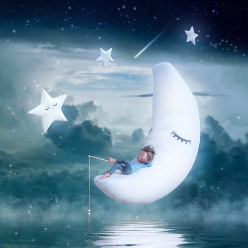 desen cu baietel care sta pe o luna noua si pescuieste dintr-o apa cristalina