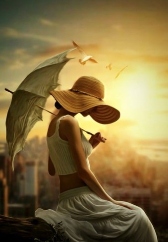 fata trista cu palarie si umbrela pe fundalul unui cer pe care zboara pasari