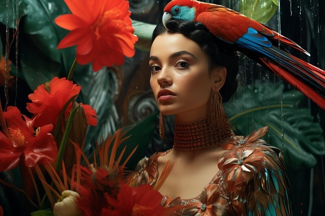 femeie frumoasa cu look exotic care sta intr-un decor cu flori si pasari tropicale