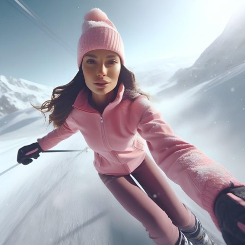 femeie imbracata in costum de ski roz care schiaza la munte