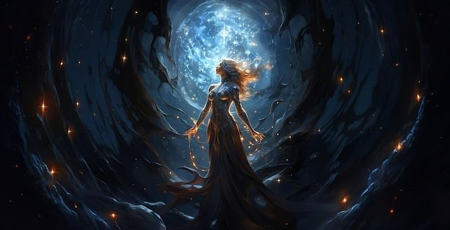 fata frumoasa care sta intr-o lume mistica cu lava neagra privind la cerul cu planete si stele