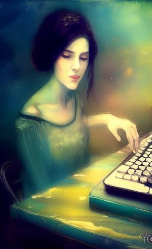 femeie care scrie la un calculator si e invaluita intr-o lumina difuza