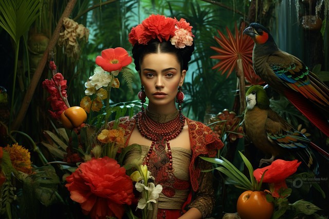femeie frumoasa cu coroana de flori in cap aflata pe fundalul unei jungle