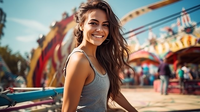 fata frumoasa si bruneta cu parul lung care sta intr-un parc de distractii