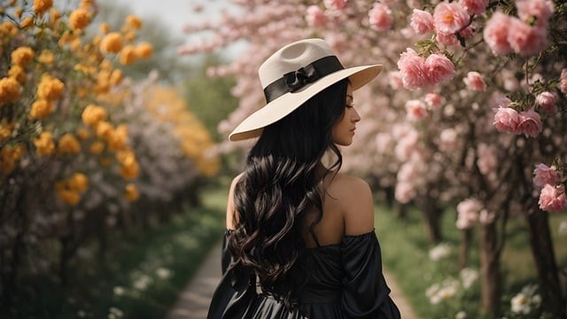 femeie imbracata in bluza neagra cu umerii goi si cu palarie pe cap care paseste printre magnolii inflorite