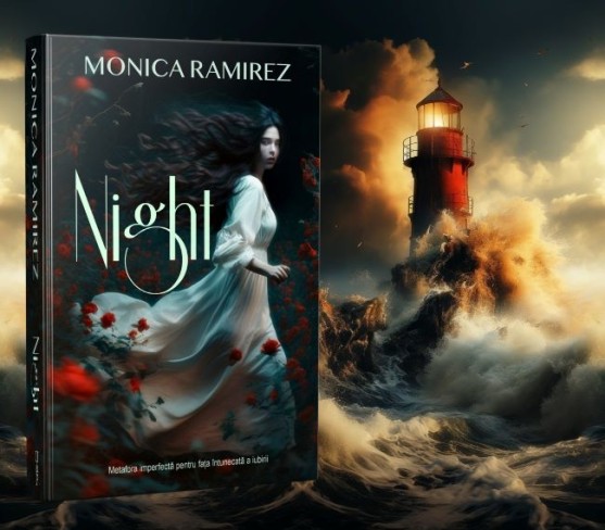 imagine cu cartea night de monica ramirez pe fundalul unui far rosu inconjurat de o mare tumultuoasa