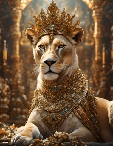 leoaica cu mantie, coroana si lantisor cu bijuterii la gat
