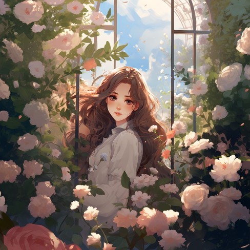 fata fericita care sta intr-o gradina cu flori cu o fereastra deschisa