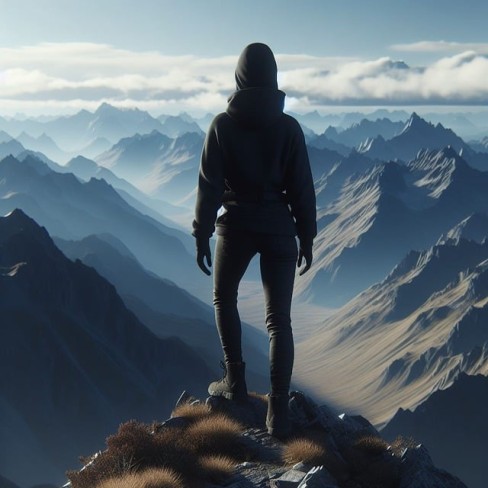 femeie aflata pe o culme care priveste in zare la un peisaj montan