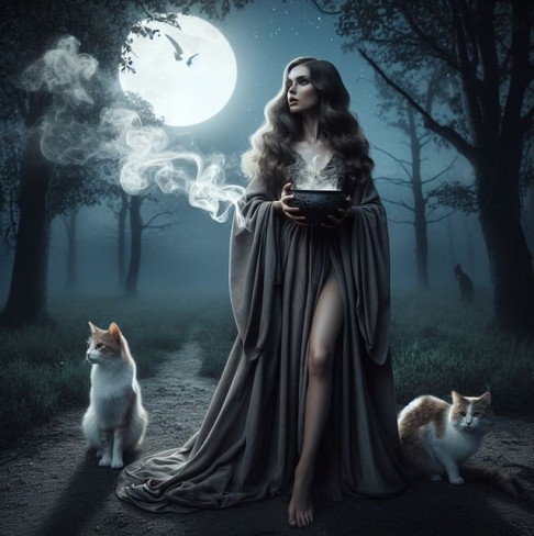 fata imbracata intr-o rochie care are un castron din care iese abur si paseste alaturi de pisici dincolo de o luna plina