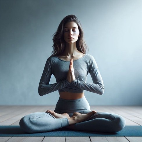fata frumoasa in costum gri care mediteaza in pozitie de yoga