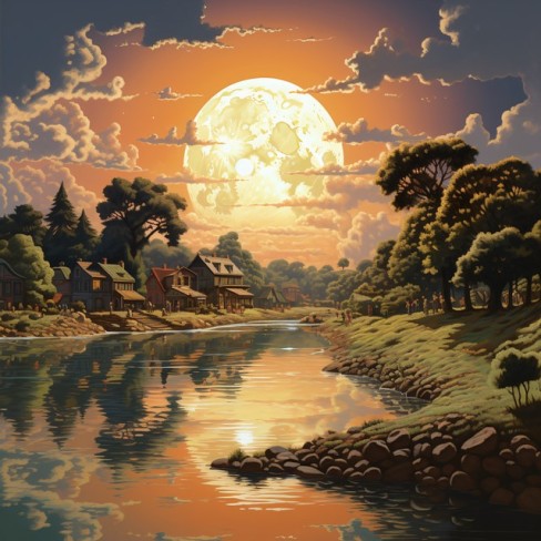 peisaj cu luna plina care se scalda in oglinda unui lac