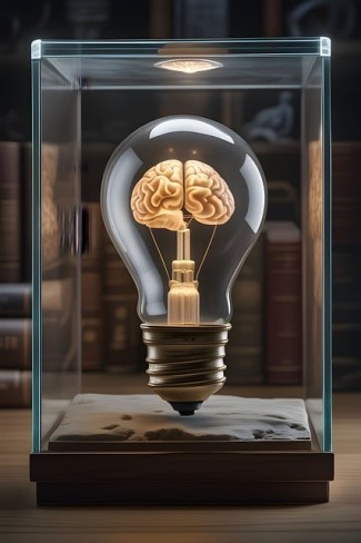 imagine generata cu inteligenta artificiala cu bec in interiorul caruia se afla un creier