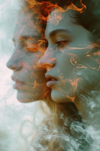 imagine cu fata si cu baiat care sunt inconjurati de fum si flacari