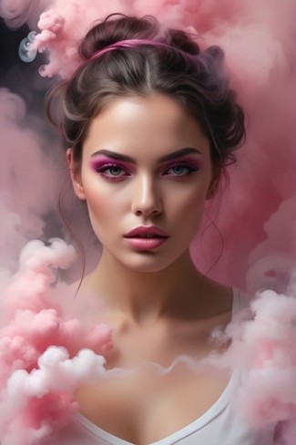 fata care e inconjurata de un nor roz si priveste cu intensitate spre obiectiv
