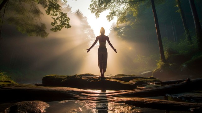 femeie care face yoga in natura inconjurata de lumina