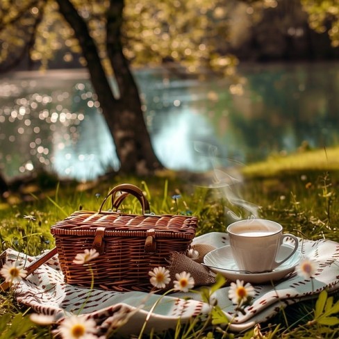 imagine cu patura asternuta pe iarba verde alaturi de un cos de picnic si o ceasca cu lichid aburind