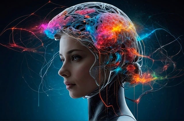 imagine conceputa de inteligenta artificiala cu creierul unei femei colorat in diverse zone