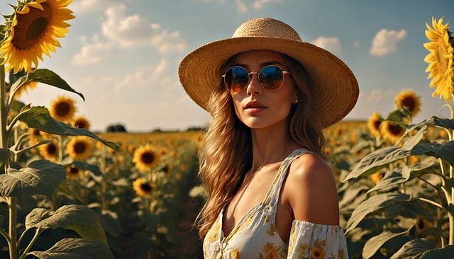 fata cu rochie si palarie care se afla intr-un lan de floarea soarelui