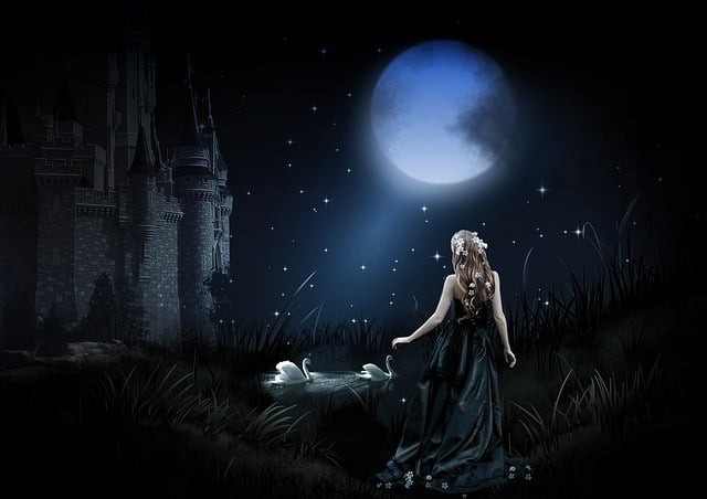 imagine intunecata cu o femeie care paseste spre un lac cu luna plina si lebede pe fundal