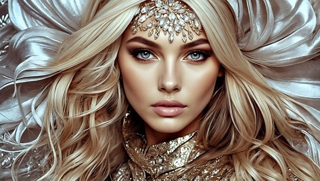 fata blonda si stralucitoare care e imbracata in haine glam si poarta o diadema