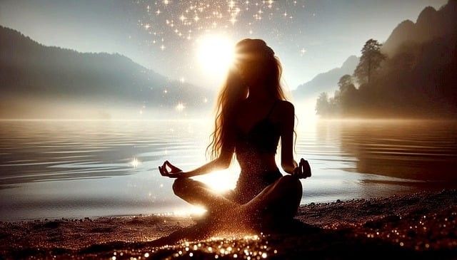 femeie care face yoga pe malul unei ape la rasaritul sau apusul soarelui