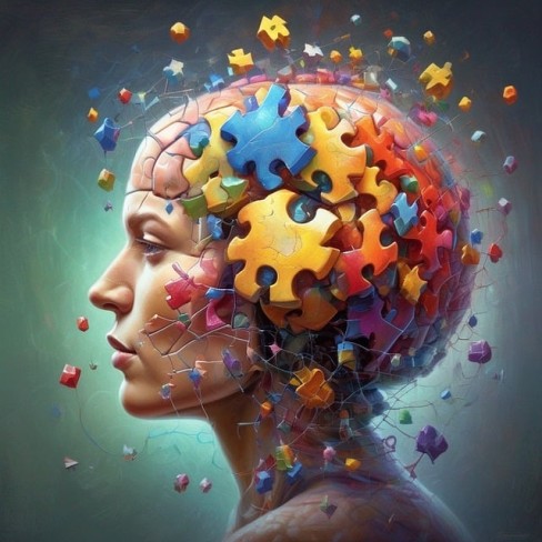 ilustratie cu femeie din profil al carei creier este imaginat de bucati de puzzle colorat