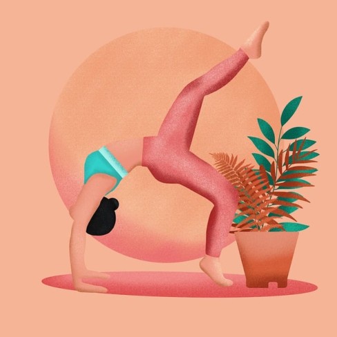 ilustratie cu femeie care face yoga langa o planta in ghiveci