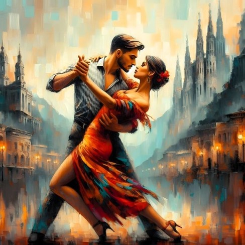 cuplu tanar care danseaza pasional pe fundalul unui oras colorat