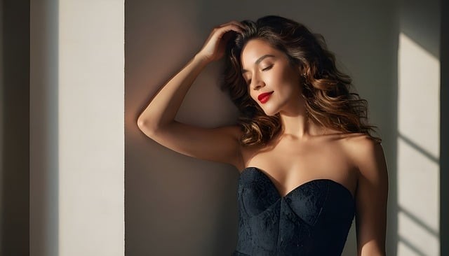 fata frumoasa si bruneta imbracata in rochie neagra si sprijinita de un perete