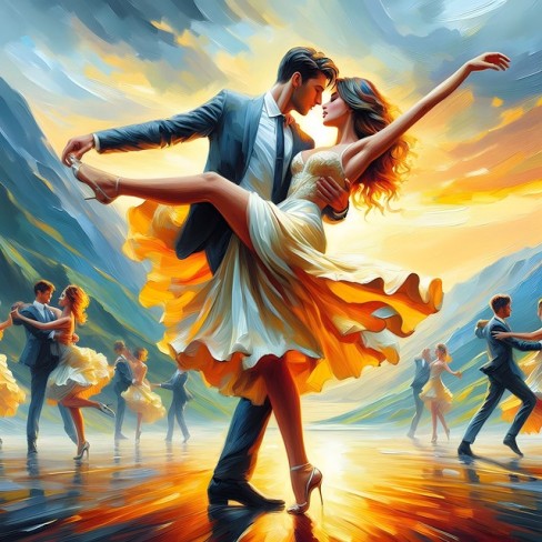 cuplu de dansatori care danseaza intr-o zona cu mai multe perechi