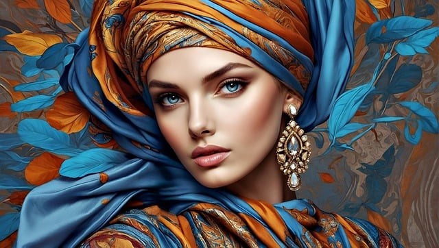 femeie cu look exotic si esarfa pe cap care are cercei supradimensionati