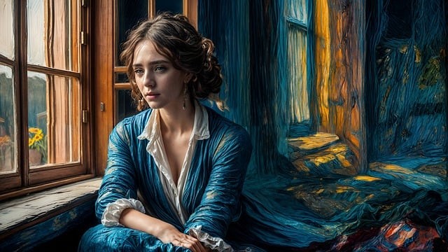 fata frumoasa in haine de epoca care sta langa o fereastra ganditoare