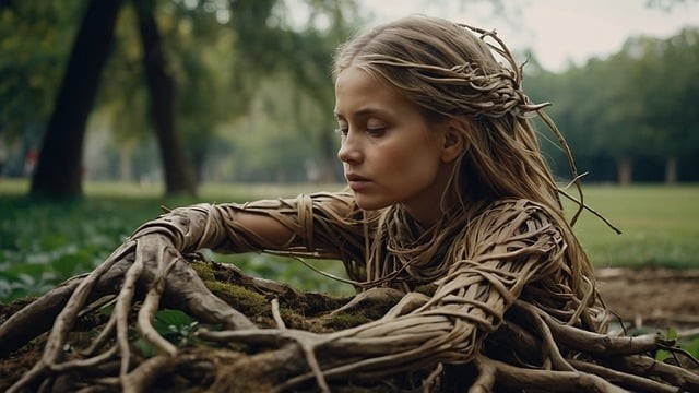 imagine fantastica cu femeie blonda care iese dintr-un sistem de radacini