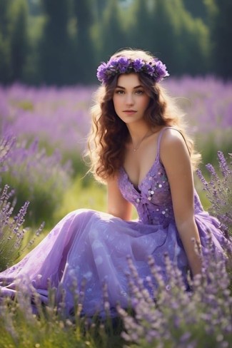 fata imbracata in mov cu coroana de flori pe cap in camp de lavanda