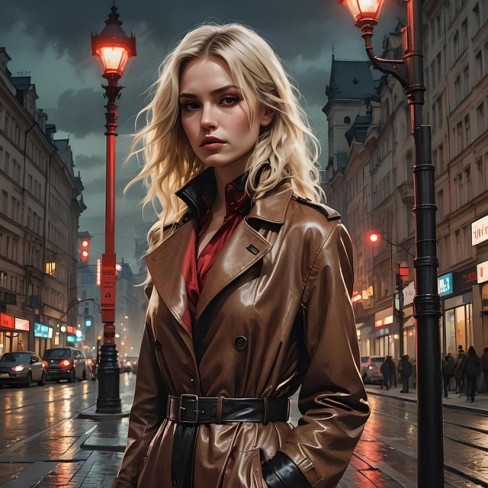 femeie detectiv cu par blond si imbracata in haina de piele