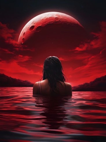 femeie aflata intr-o apa in care se reflecta rosie o planeta