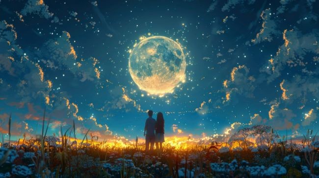 cuplu in fata unui cer albastru pe care se afla o luna plina