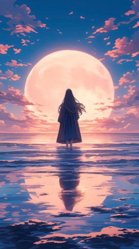 femeie care sta pe o apa si priveste spre o luna plina