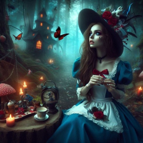 imagine cu alice in tara minunilor care are o palarie de vrajitoare pe cap