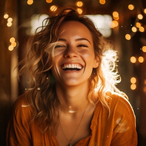 fata blonda si frumoasa care rade din toata lumea intr-o camera cu luminite in spate