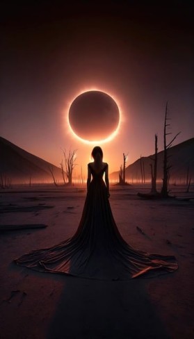 femeie in rochie lunga aflata cu spatele care priveste in fata o eclipsa